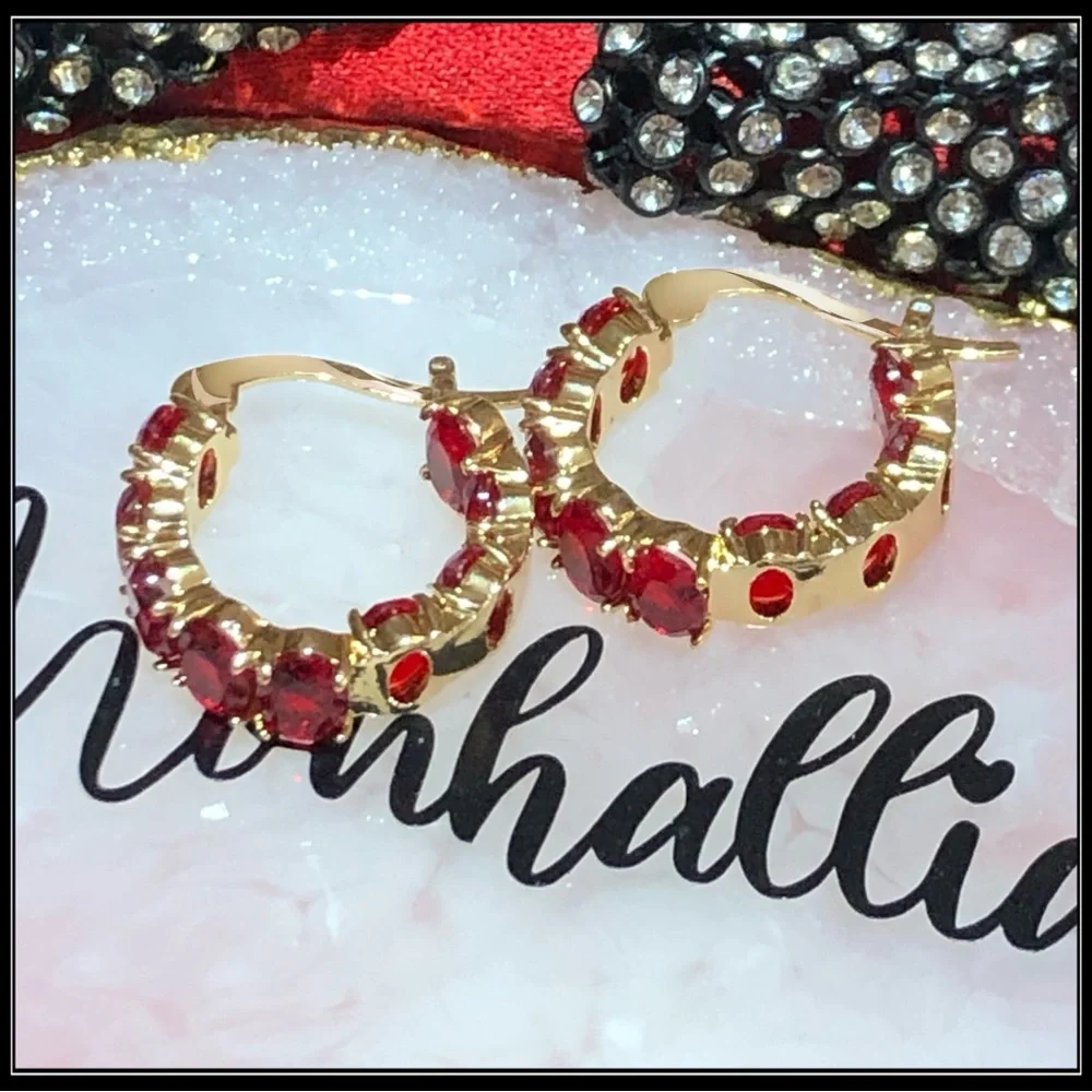 New Deep Red Ruby Stone Gold Round Huggie Earrings